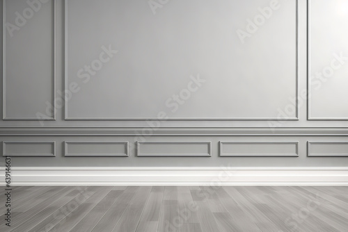 Stampa su tela front view, gray color wall backdrop, wall with moulding trim,wooden floor, empt