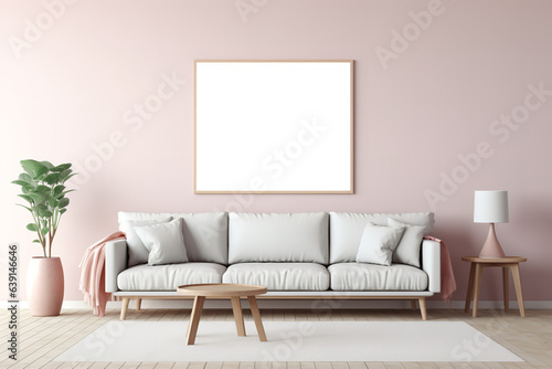pink living room mock up with large painting pastel  empty framed template of artwork  blank mockup