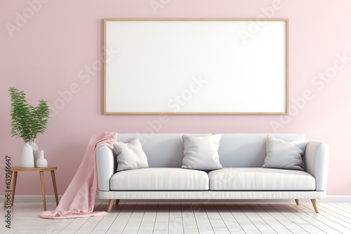 pink living room mock up with large painting pastel, empty framed template of artwork, blank mockup