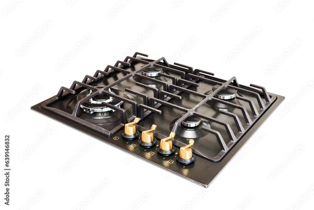 Modern gas hob stove made of steel and cast iron with golden controls using natural gas or propane for cooking products, isolated on white background.