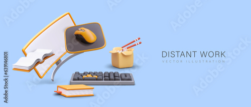 Distant work concept. Self employment. Freelancer devices. Isolation, quarantine. Gadgets for working on computer at home. Color concept on blue background. Floating vector objects