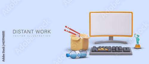 Remote work. Freelance. Comfortable workplace at home. Realistic monitor, keyboard, takeaway food. Vector poster in cartoon style. Work from anywhere in world