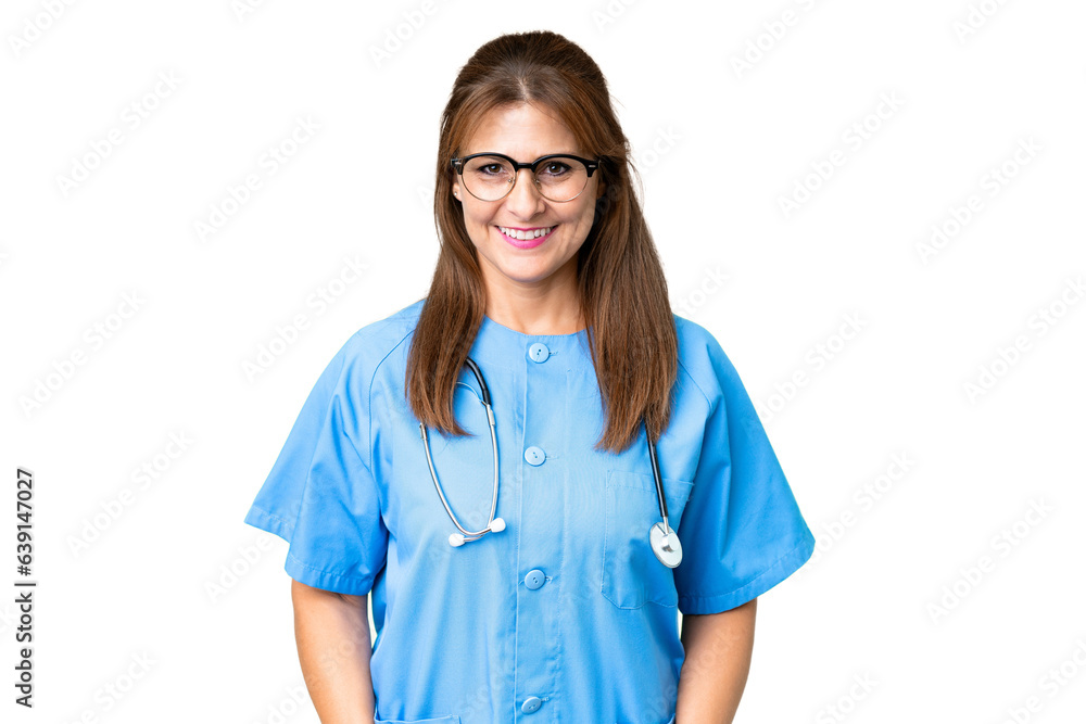 Middle age nurse woman over isolated background laughing Middle age nurse woman over isolated background laughing