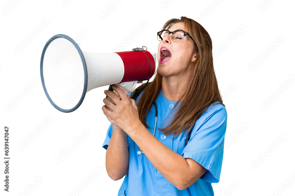 Middle age nurse woman over isolated background shouting through a megaphone Middle age nurse woman over isolated background shouting through a megaphone