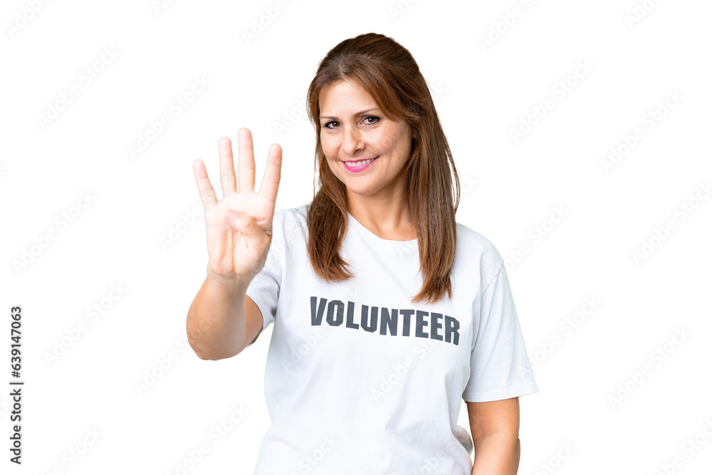 Middle age volunteer woman over isolated background happy and counting four with fingers Middle age volunteer woman over isolated background happy and counting four with fingers