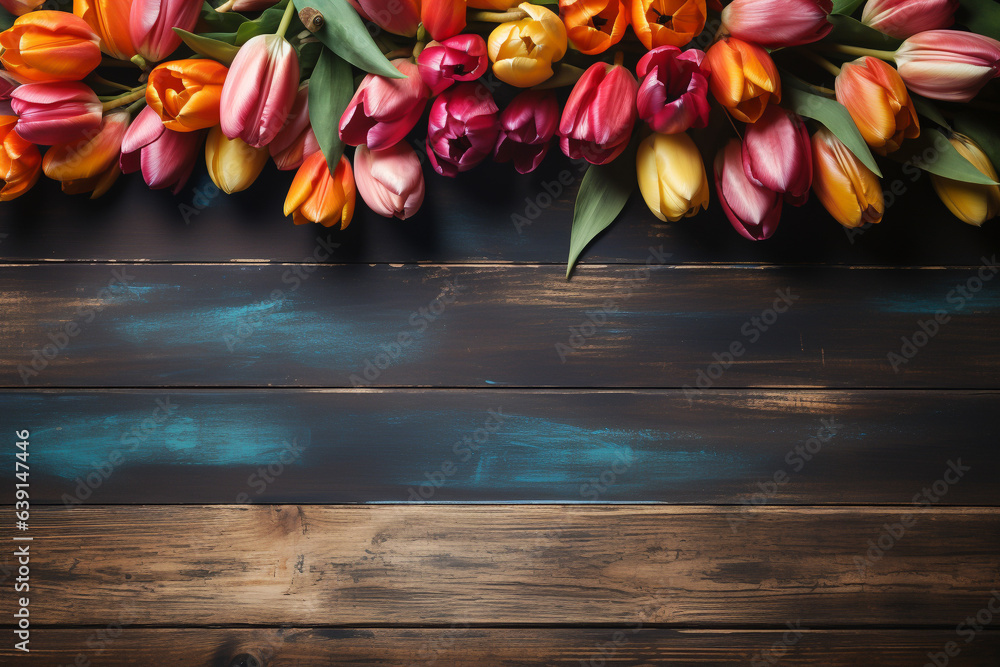 A chalkboard with tulip flowers on a rustic wooden table. Free space for text. A chalkboard with tulip flowers on a rustic wooden table. Free space for text.