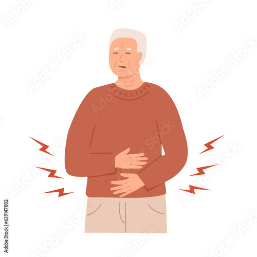 Mid age man having an abdominal pain. Sick old senior citizen feeling unwell and holds his stomach. Stomachache. Elder patient, elderly care. Vector flat illustration isolated in white.