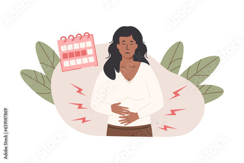 Painful menstruation concept trendy flat illustration. Uterus inflammation, endometriosis. Young female having an abdominal pain composition with menstrual calendar. Monthly women cycle. Gynecology.