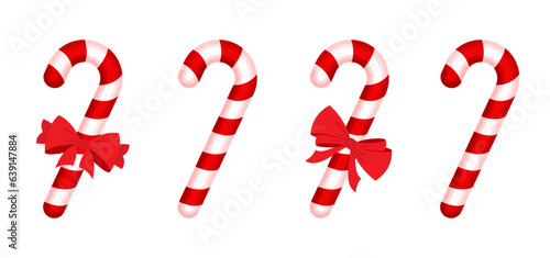 Christmas candy cane gift bow cartoon flat set. White red line traditional lollipop sugar caramel dessert holidays xmas new year gift ornament decoration striped candy icon isolated white background