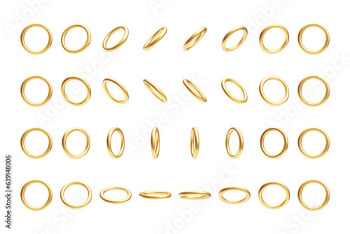 3d golden rings, accessories from different sides set. Round shaped shiny metallic objects, decorative design elements realistic vector illustration on white background