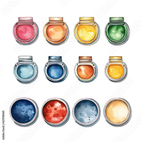 Little glasses filled with different watercolors isolated on white created with Generative AI