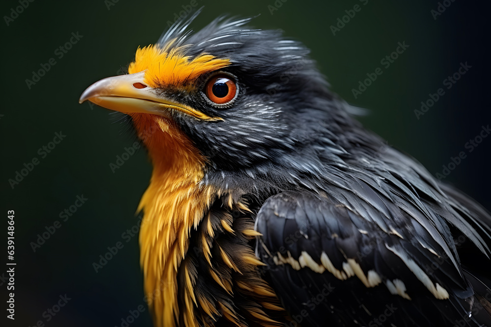 Fototapeta premium black bird with yellow beak, close up Indian Blackbird 