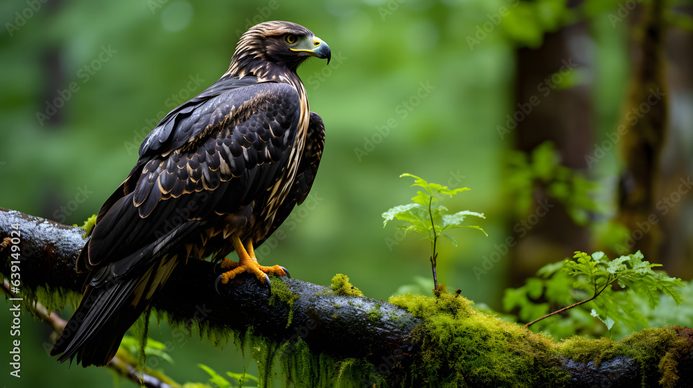 Black Hawk with yellow peak on the branch. black bird with yellow beak, Black Hawk with yellow peak on the branch. black bird with yellow beak,