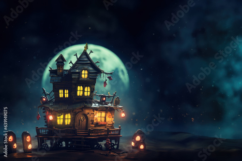 Halloween Haunted House background with copy space created with Generative AI technology