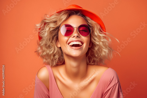 Summer Happy Woman. Joyful Girl in Stylish Trend Colors, Elegantly Posing with Vibrant Smile, Emotionally Positive, Romantic and Fashionable Student. Generative AI.