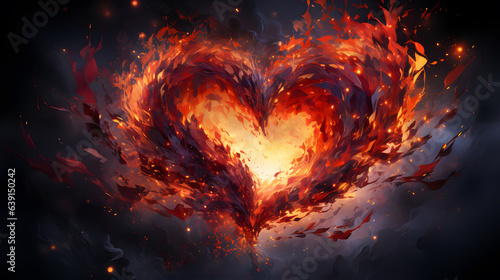 Broken heart with fire and smoke on dark background  ai generated