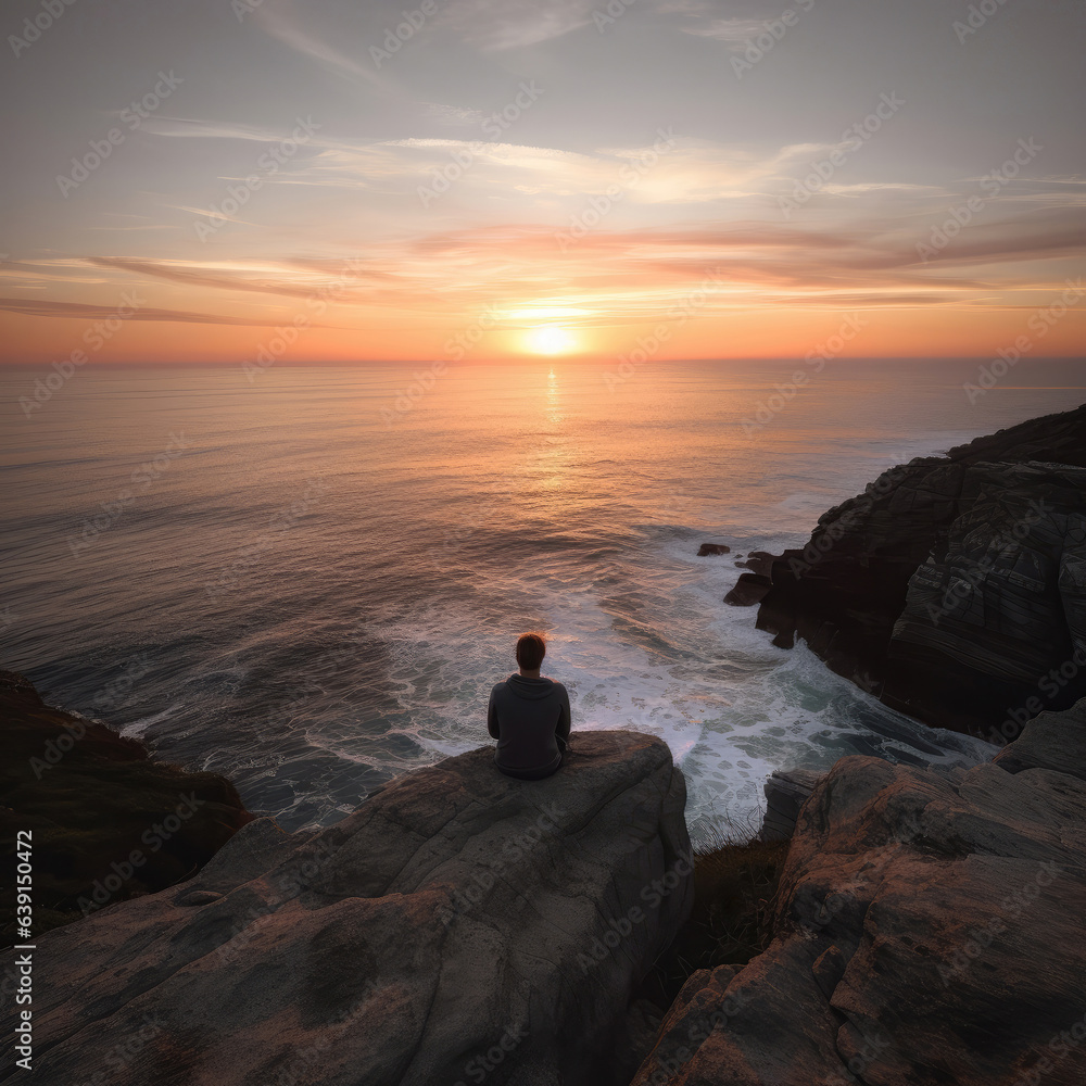 Silhouette of man meditating on cliff at ocean sunset