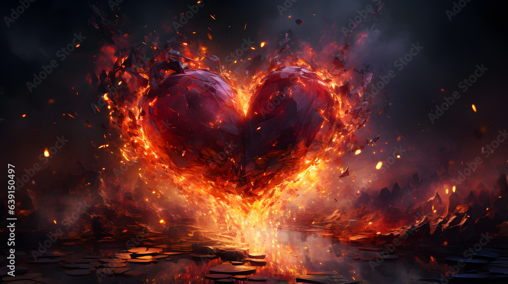 Burning heart on a dark background. 3d illustration. Copy space.