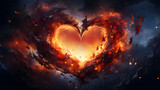 Burning fire heart on black background. 3d illustration with copy space
