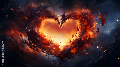 Burning fire heart on black background. 3d illustration with copy space