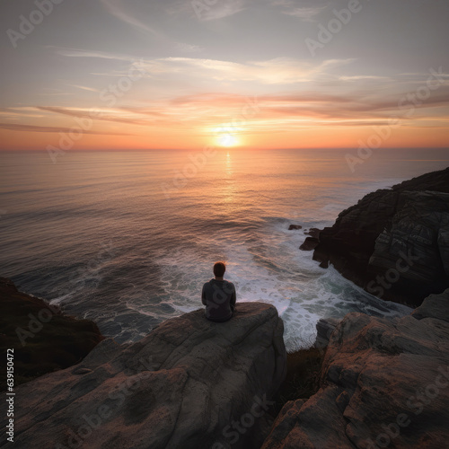 Silhouette of man meditating on cliff at ocean sunset