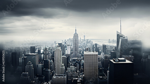 The iconic New York skyline, skyscrapers piercing the sky, the hustle and bustle of the streets below, and the spirit of the city alive.