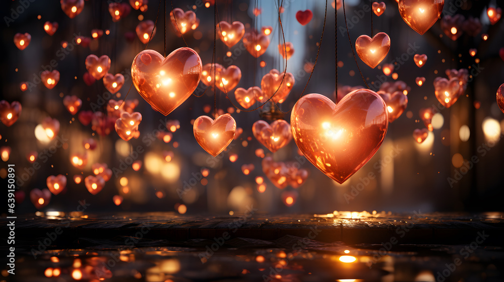 love hearts on a dark background with bokeh lights and particles - obrazy, fototapety, plakaty 