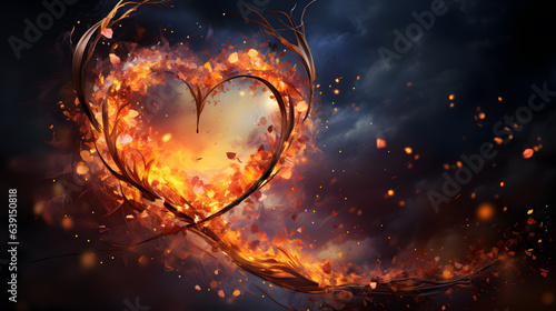 Flaming heart on dark background. 3D rendering illustration. © Jharna