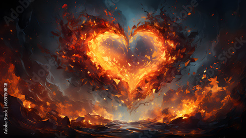 Flaming heart on dark background. 3D rendering illustration.