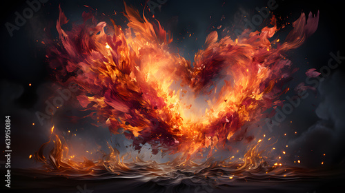 Flaming heart on dark background. 3D rendering illustration.