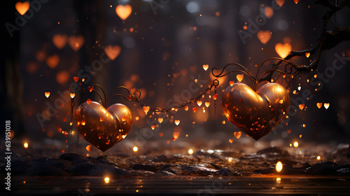 love hearts on a dark background with bokeh lights and particles