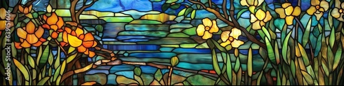 Stained Glass Window Lake Landscape 19th Century American Style