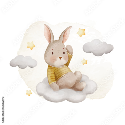 bunny on the cloud watercolor clipart illustration for kids and baby