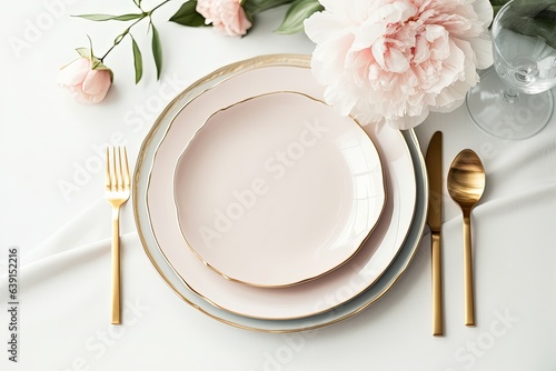 Beautiful table setting with golden cutlery and peony flowers, mock up, Generative AI