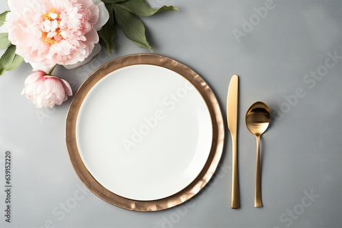 Beautiful table setting with golden cutlery and peony flowers, mock up, Generative AI