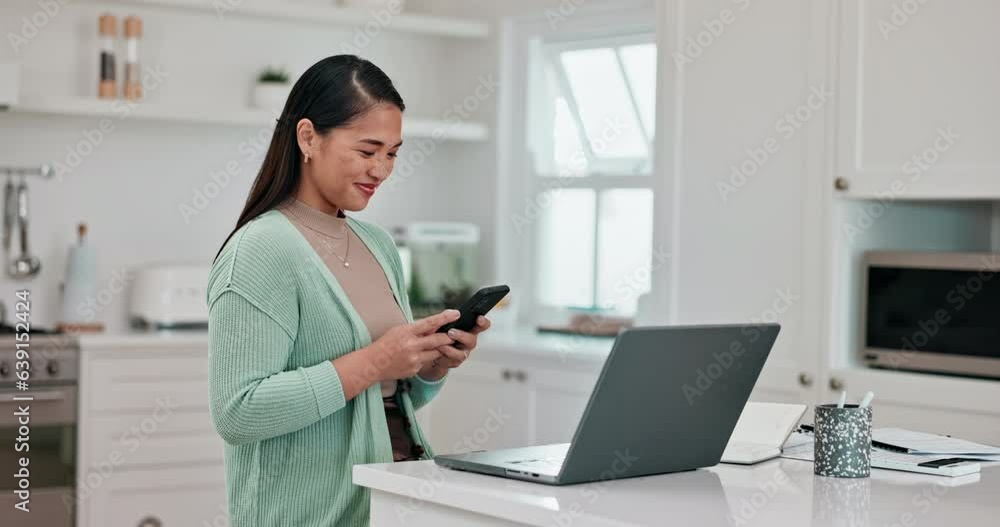 Woman, remote work and typing with smartphone, laptop and technology for connection, research or budget. Happy freelancer, virtual assistant or mobile app with computer for banking in kitchen at home Woman, remote work and typing with smartphone, laptop and technology for connection, research or budget. Happy freelancer, virtual assistant or mobile app with computer for banking in kitchen at home