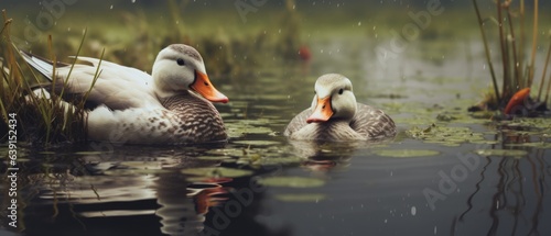 Beautiful pair of ducks swimming in a pond with calm murky water with reflections, surrounded by green water lily pads - generative AI