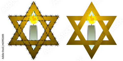 3d Star of David Holocaust Remembrance Symbol Concept. Holocaust memorial for the concentration camp victims of the holocaust. Burning candle with flickering flame, framed with lines barbed wire. 