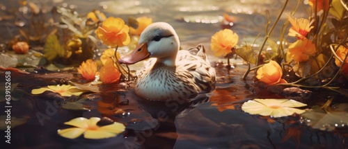 Beautiful duck swimming in a pond with calm murky water with reflections, surrounded by blooming orange autumn flowers - generative AI