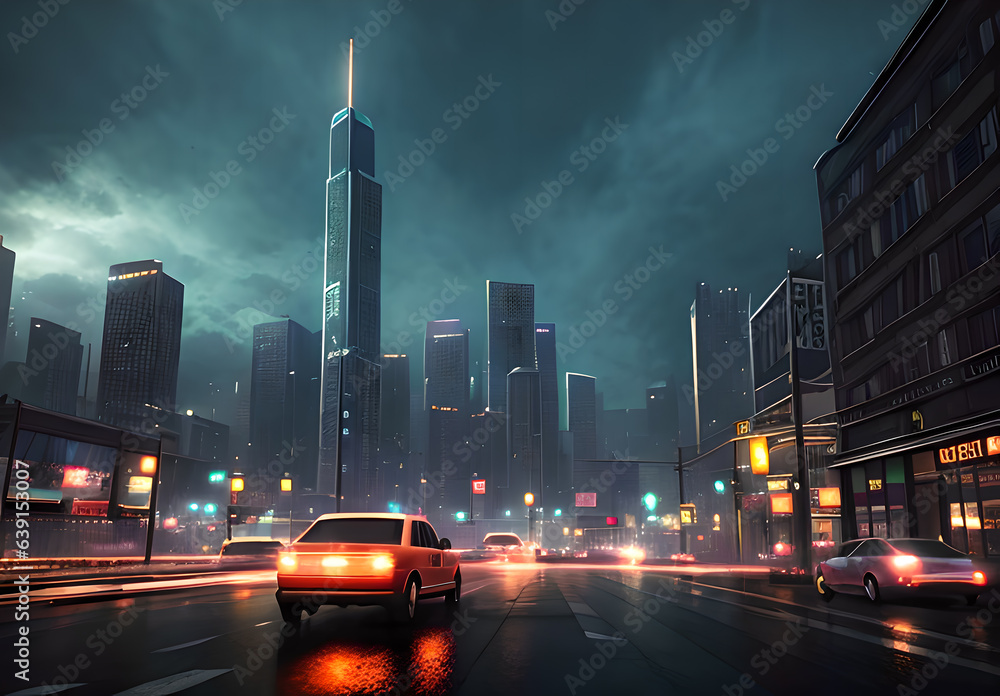 Naklejka premium Night big city of the future cyberpunk style,Generative AI