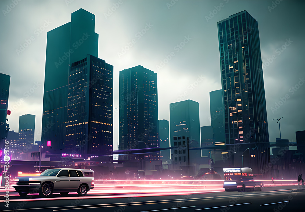 Night big city of the future cyberpunk style,Generative AI