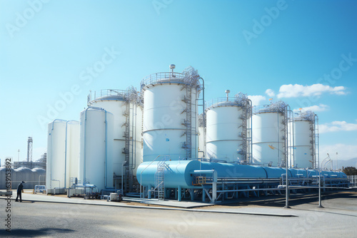 A wide angle image of a generic hydrogen power plant with tanks and pipes. Hydrogen clean power concept.