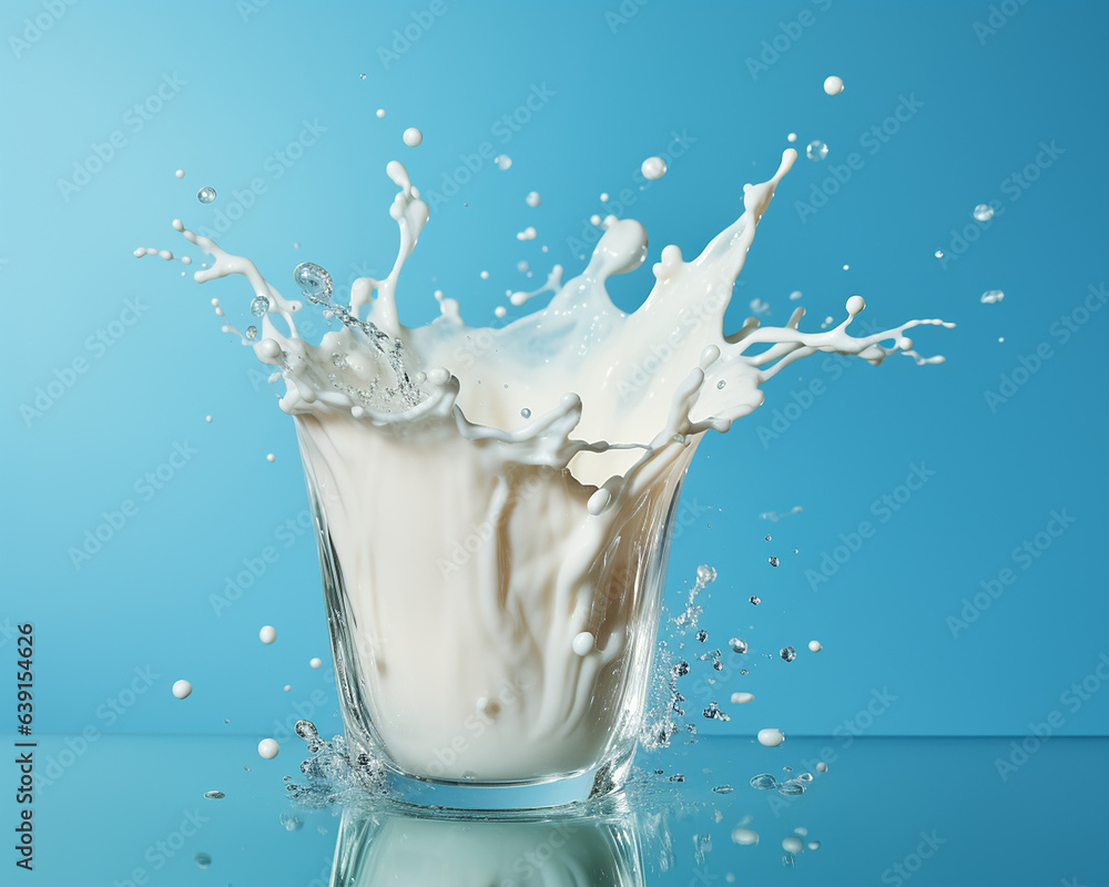 Milk splash isolated on a blue background. AI-generated Milk splash isolated on a blue background. AI-generated