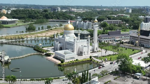 aerial view of mosque Sultan Omar Ali Saifuddin Mosque and royal barge at Brunei Darussalam photo