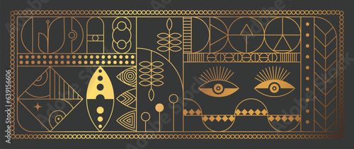 Luxury geometric gold line art and art deco background vector. Abstract geometric frame and elegant gothic art leaves, eye. Illustration design for invitation, banner, vip, interior, decoration.