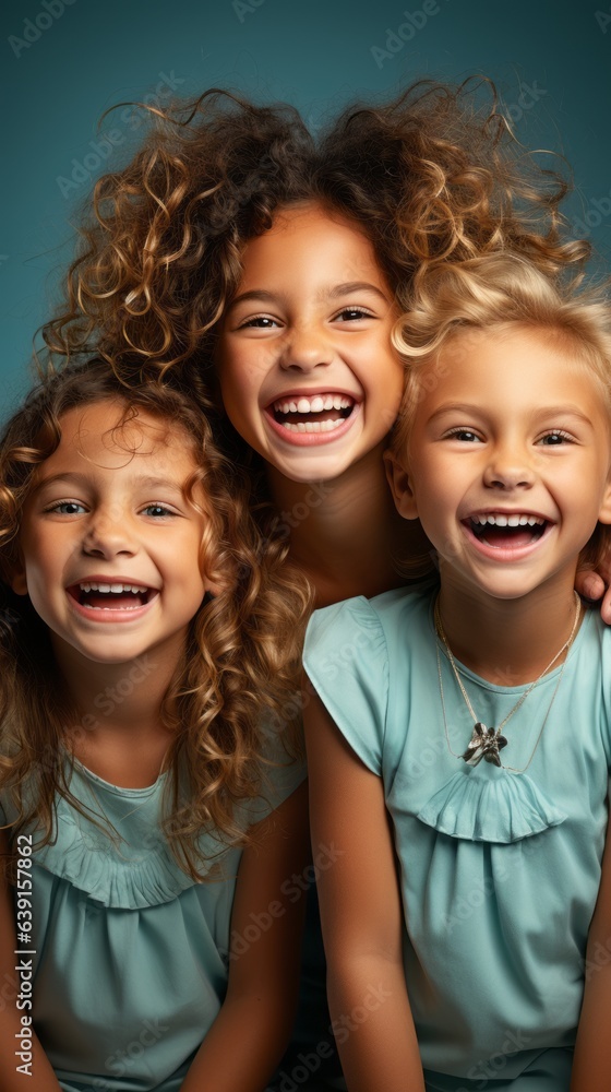 Happy kids group on blue background. Generative AI