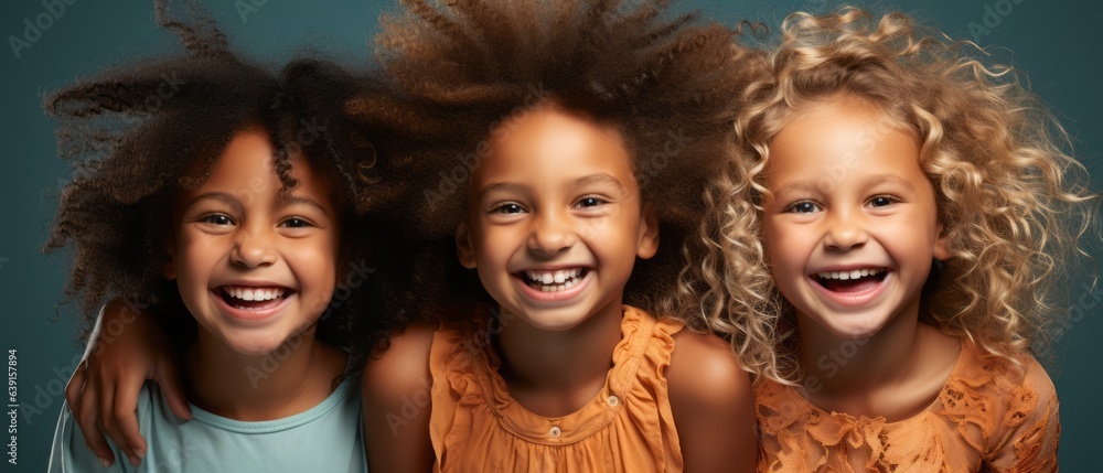Obraz premium Happy kids group on blue background. Generative AI