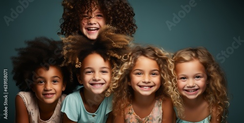 Happy kids group on blue background. Generative AI