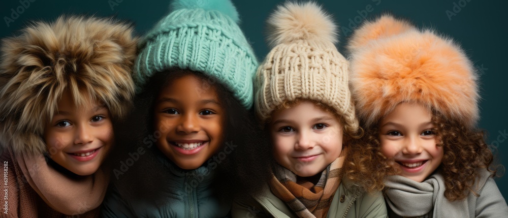 Happy kids group on blue background. Generative AI Happy kids group on blue background. Generative AI