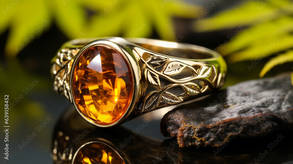 A captivating visual of an amber ring, delicately set in sterling silver or gold, combining elegance with the charm of nature 